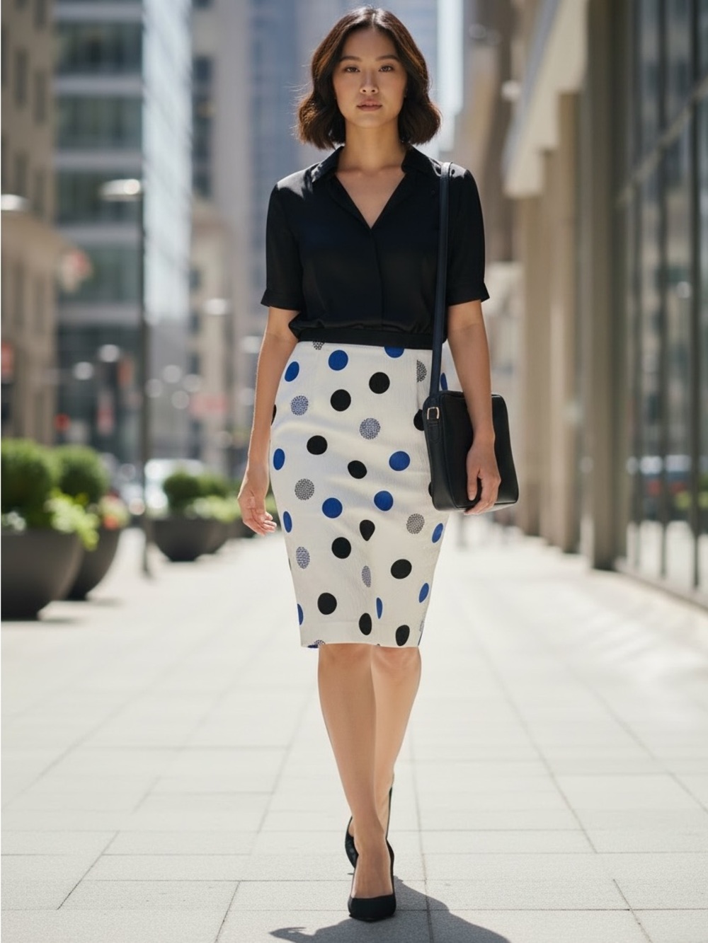 Talbots Ivory Pencil Skirt with Royal Blue and Black Polka Dots Sz 10